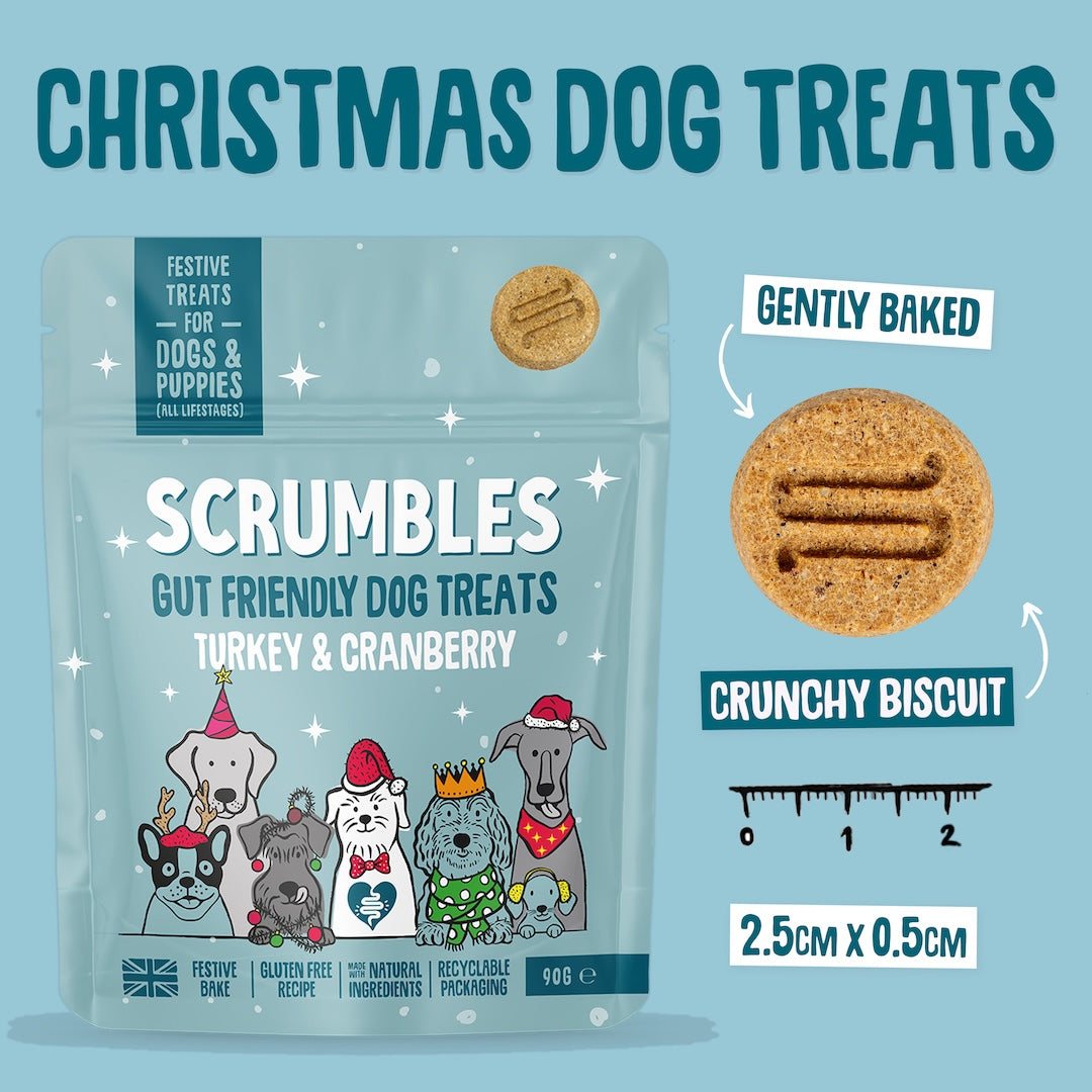 Scrumbles dog treats packaging with a blue background and Christmas-themed design.
