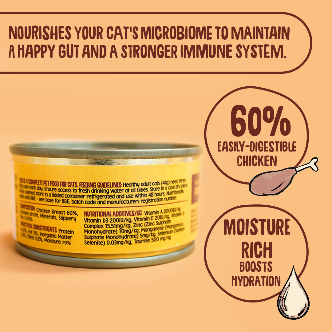 Can of cat food with text highlighting benefits on a beige background