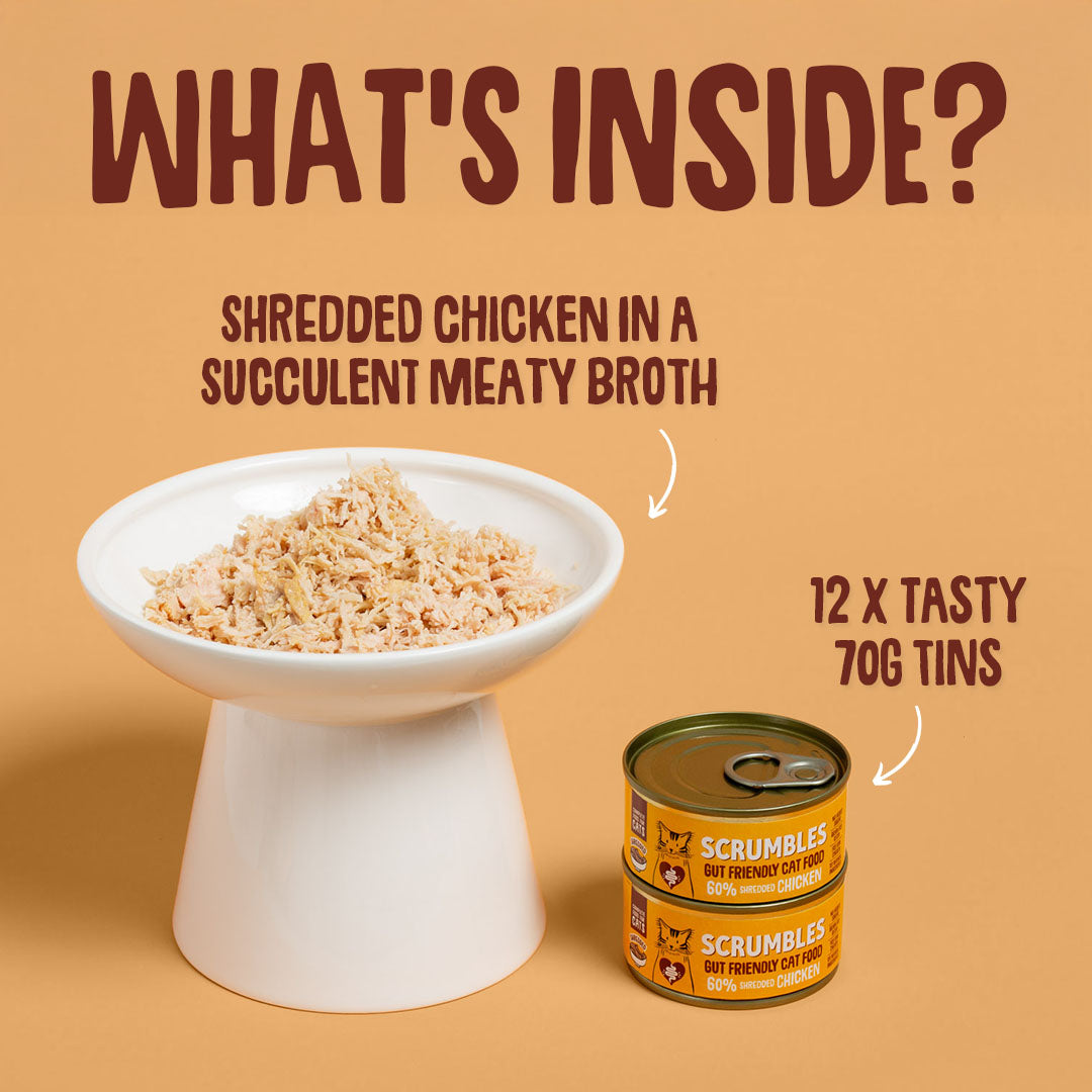Cat food product with text about shredded chicken and meaty broth, and two cans of Scrumbles cat food on a beige background.
