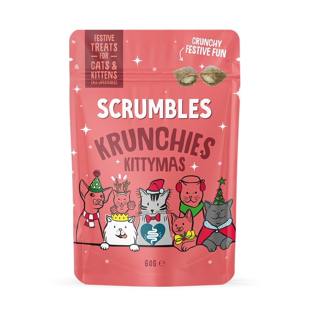 Scrumbles Krunchies Kittymas cat treat package on a white background