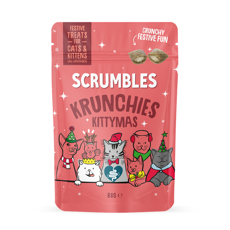 Scrumbles Krunchies Kittymas cat treat package on a white background