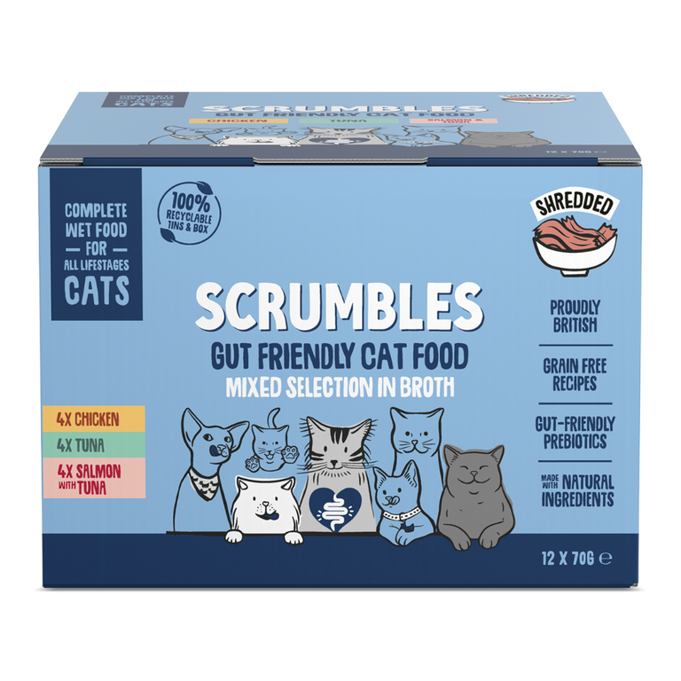 Mixed shredded meat and fish in broth cat food