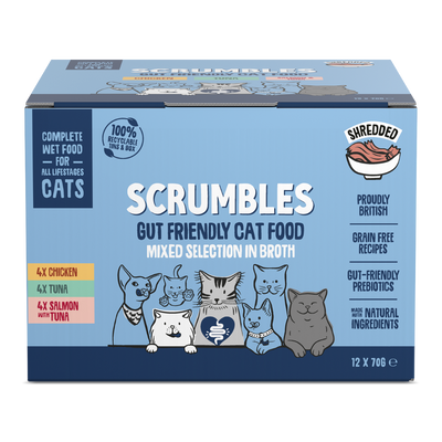 Mixed shredded meat and fish in broth cat food