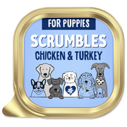 Scrumbles chicken and turkey puppy food container with cartoon dogs on a blue background