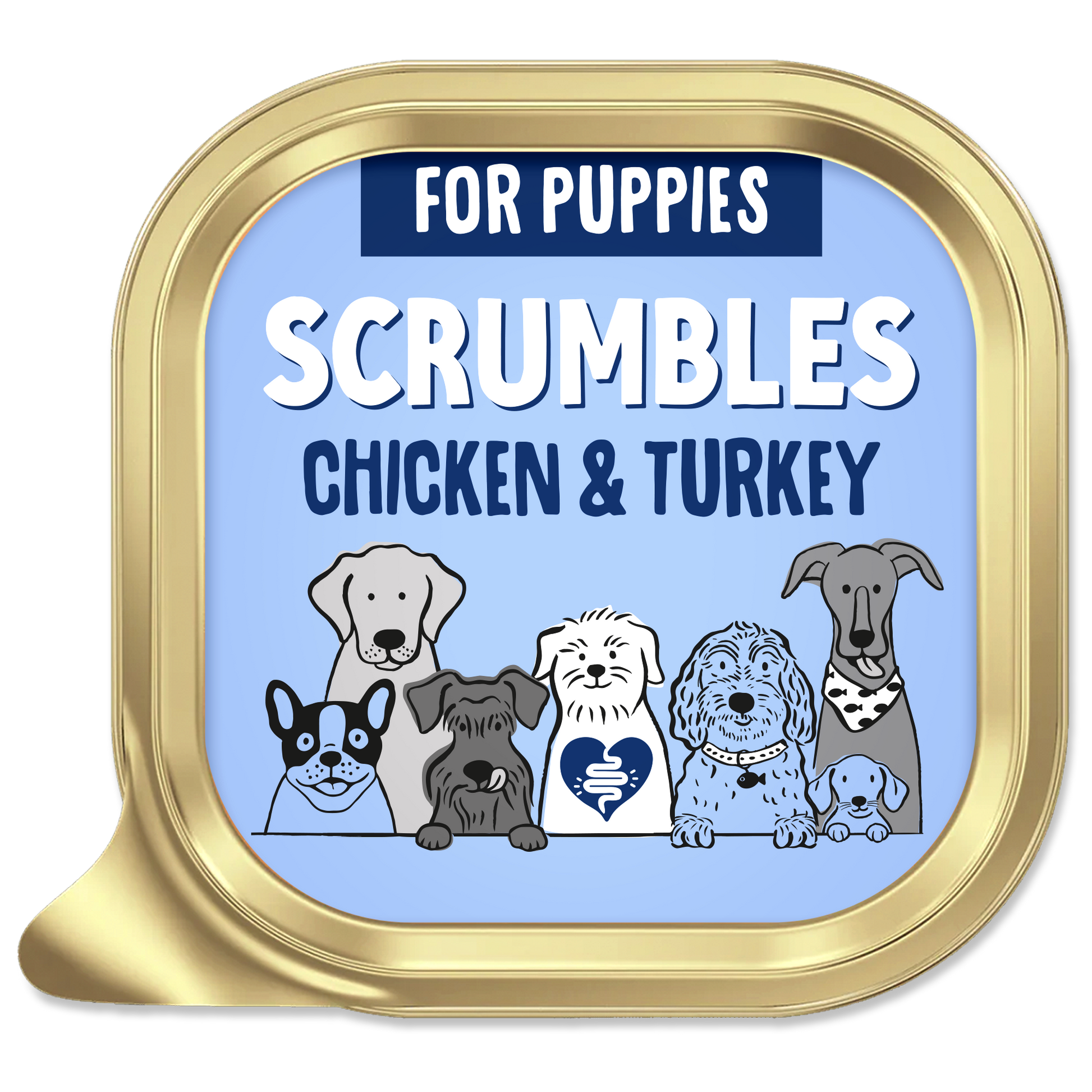 Scrumbles chicken and turkey puppy food container with cartoon dogs on a blue background
