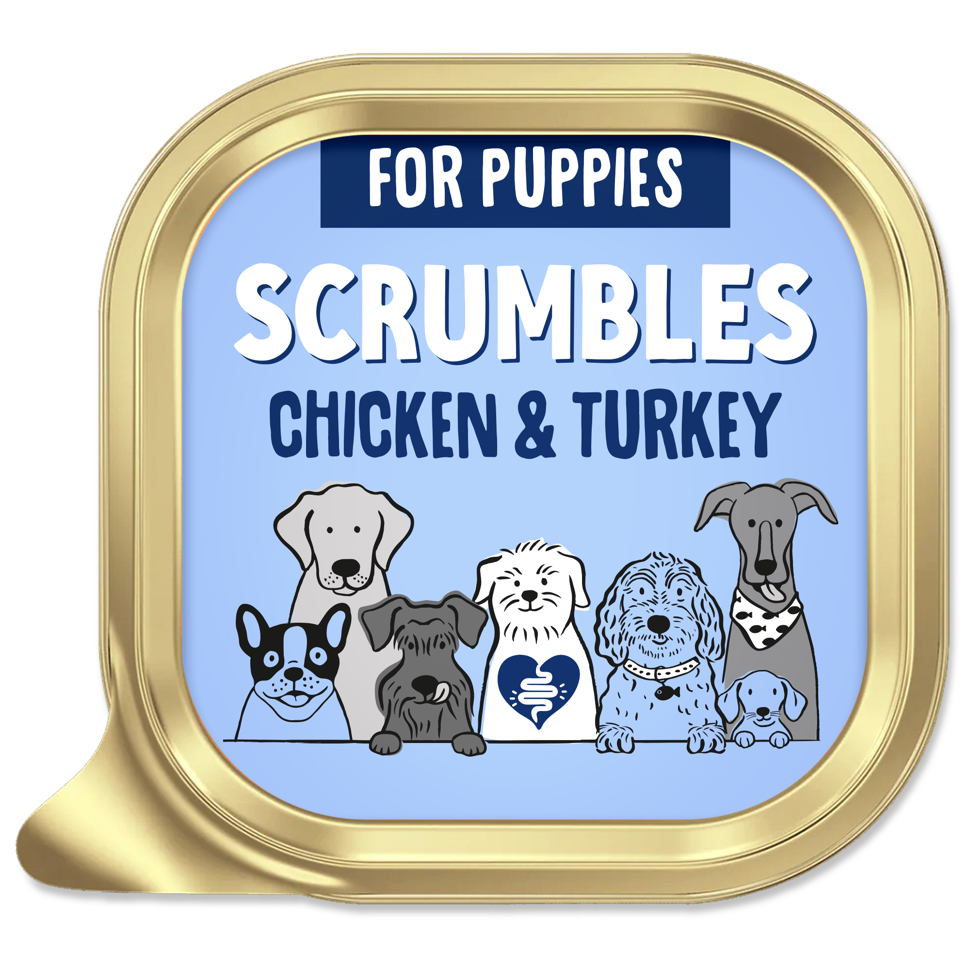 Scrumbles chicken and turkey puppy food container with cartoon dogs on a blue background