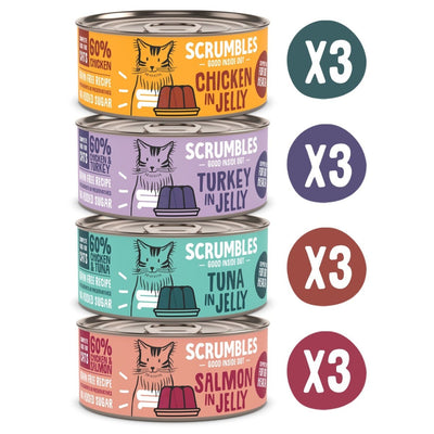 scrumbles-jelly-cat-food-classic-meat-fish-selection-box-grain-free-high-protein-hypoallergenic-tin